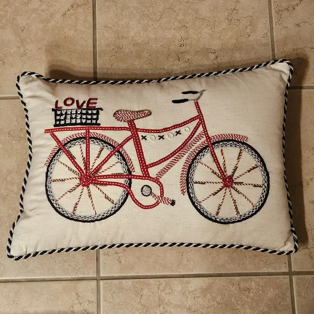 RARE MACKENZIE CHILDS BICYCLE LOVE COURTLY CHECK COTTON THROW ACCENT PILLOW